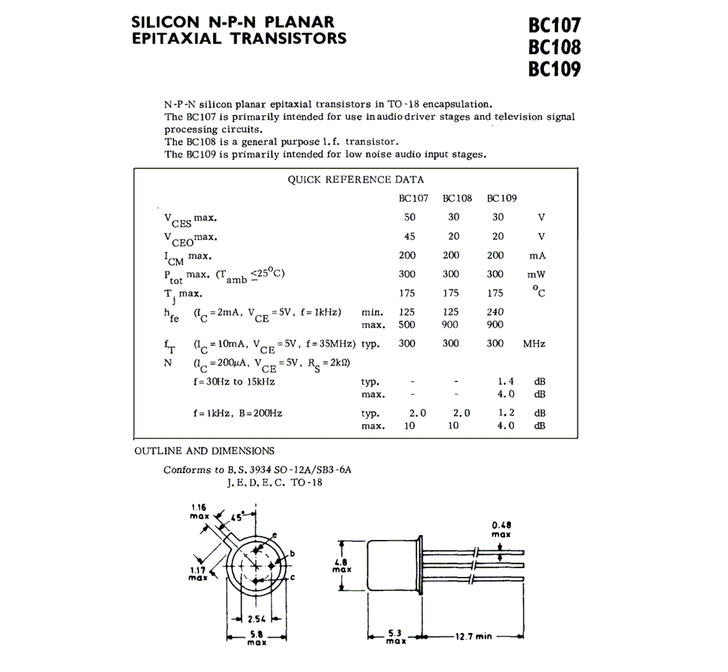 BC107, BC108, BC109 Parameters