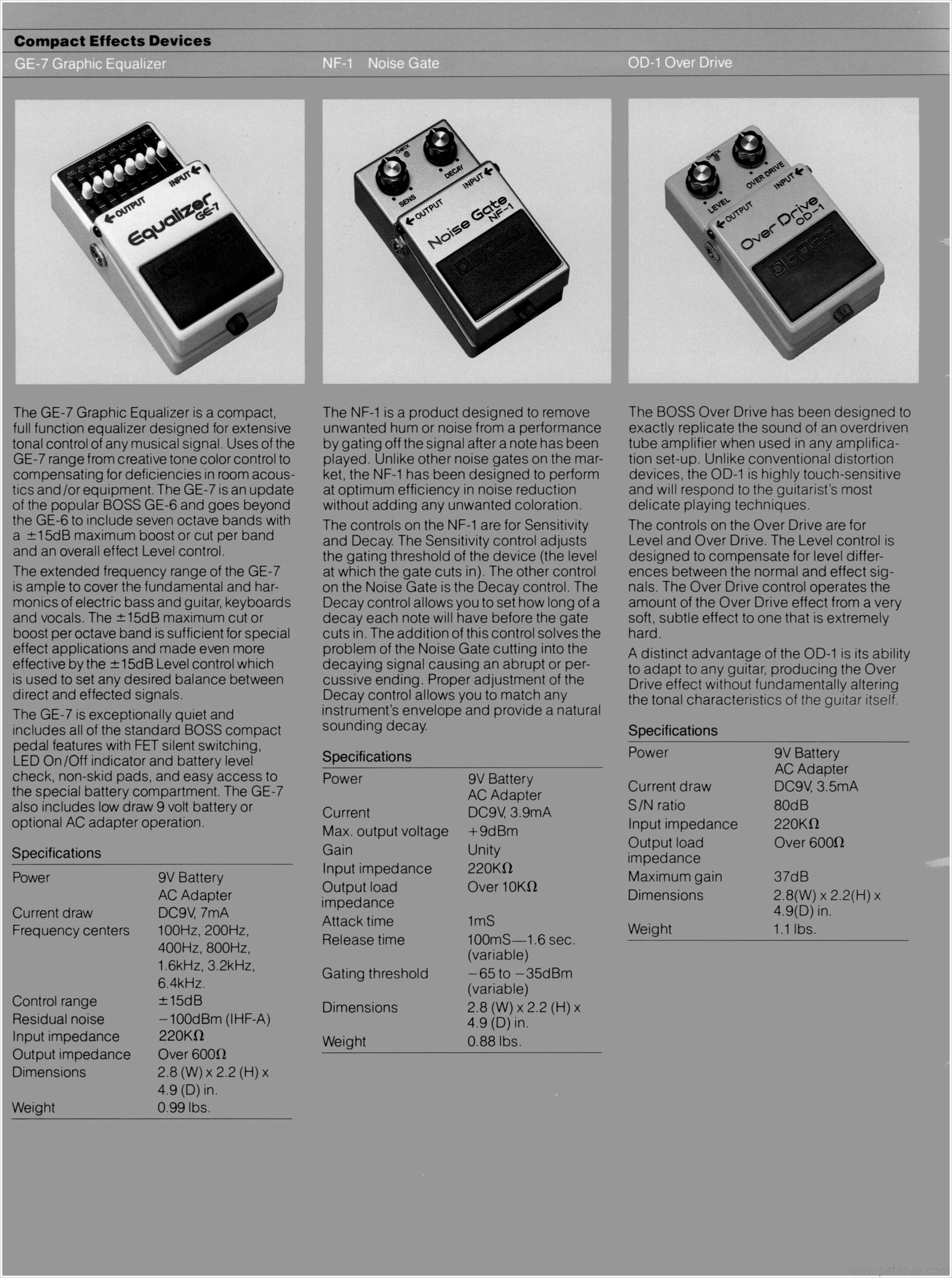 BOSS GE-7 GRAPHIC EQUALIZER, NF-1 NOISE GATE, AND OD-1 OVER DRIVE