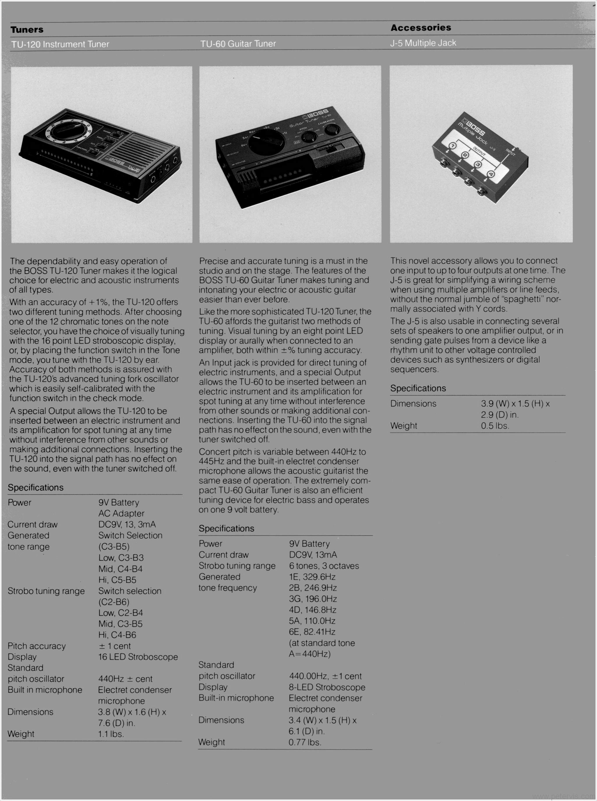 BOSS TU-120 INSTRUMENT TUNER AND TU-60 GUITAR TUNER AND J-5 MULTIPLE JACK