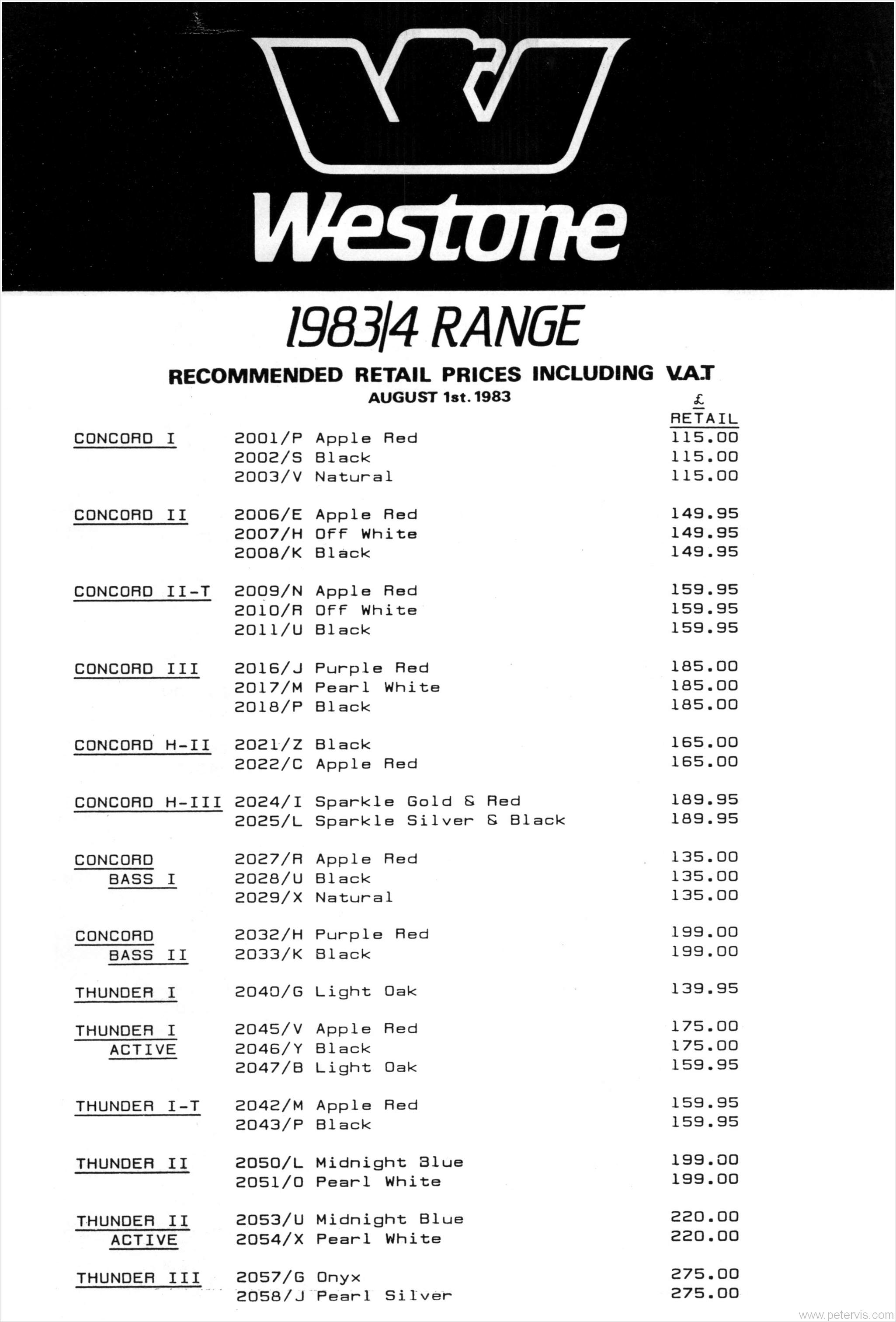 WESTONE GUITARS 1983 PRICE LIST