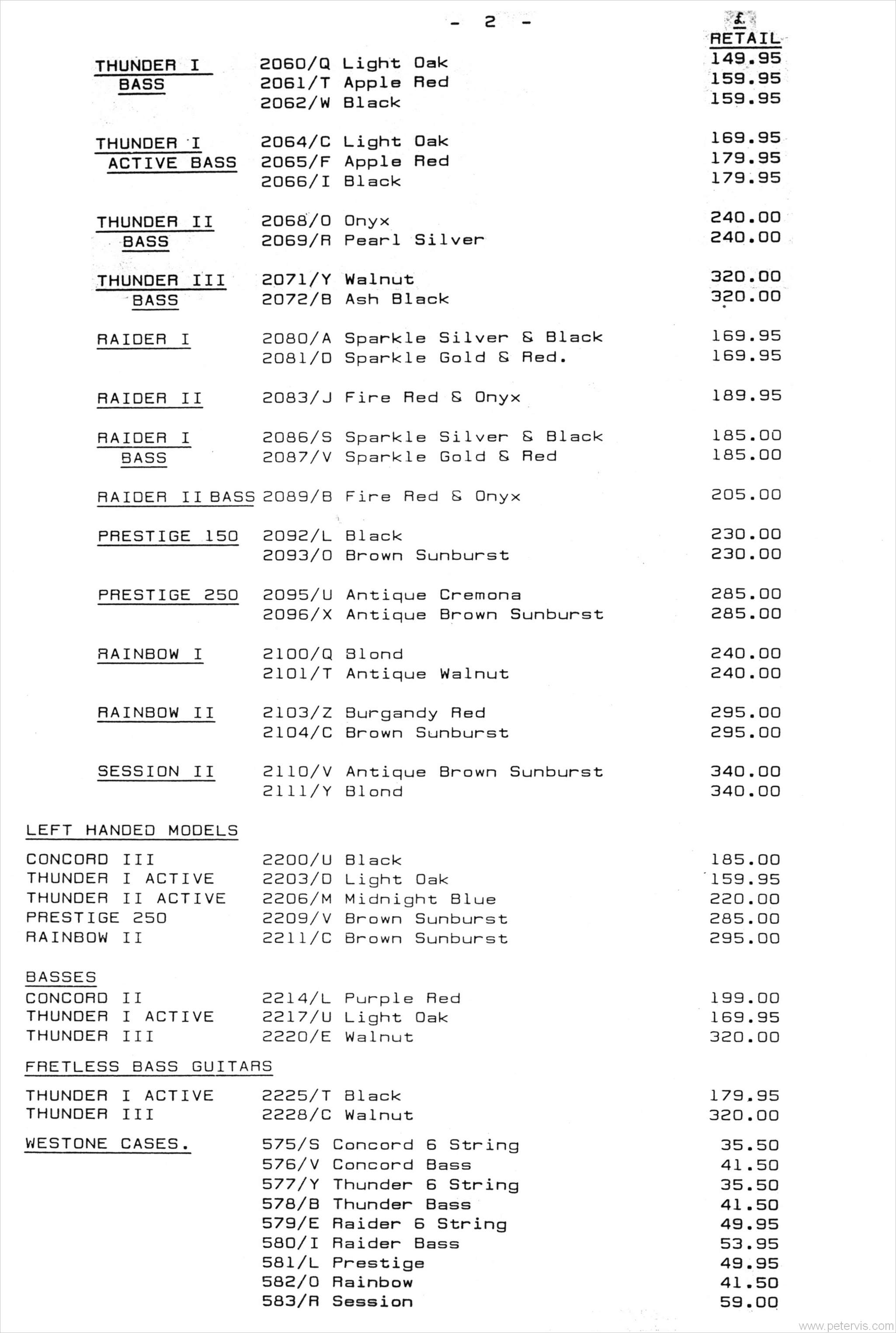 WESTONE GUITARS 1983 PRICE LIST 2