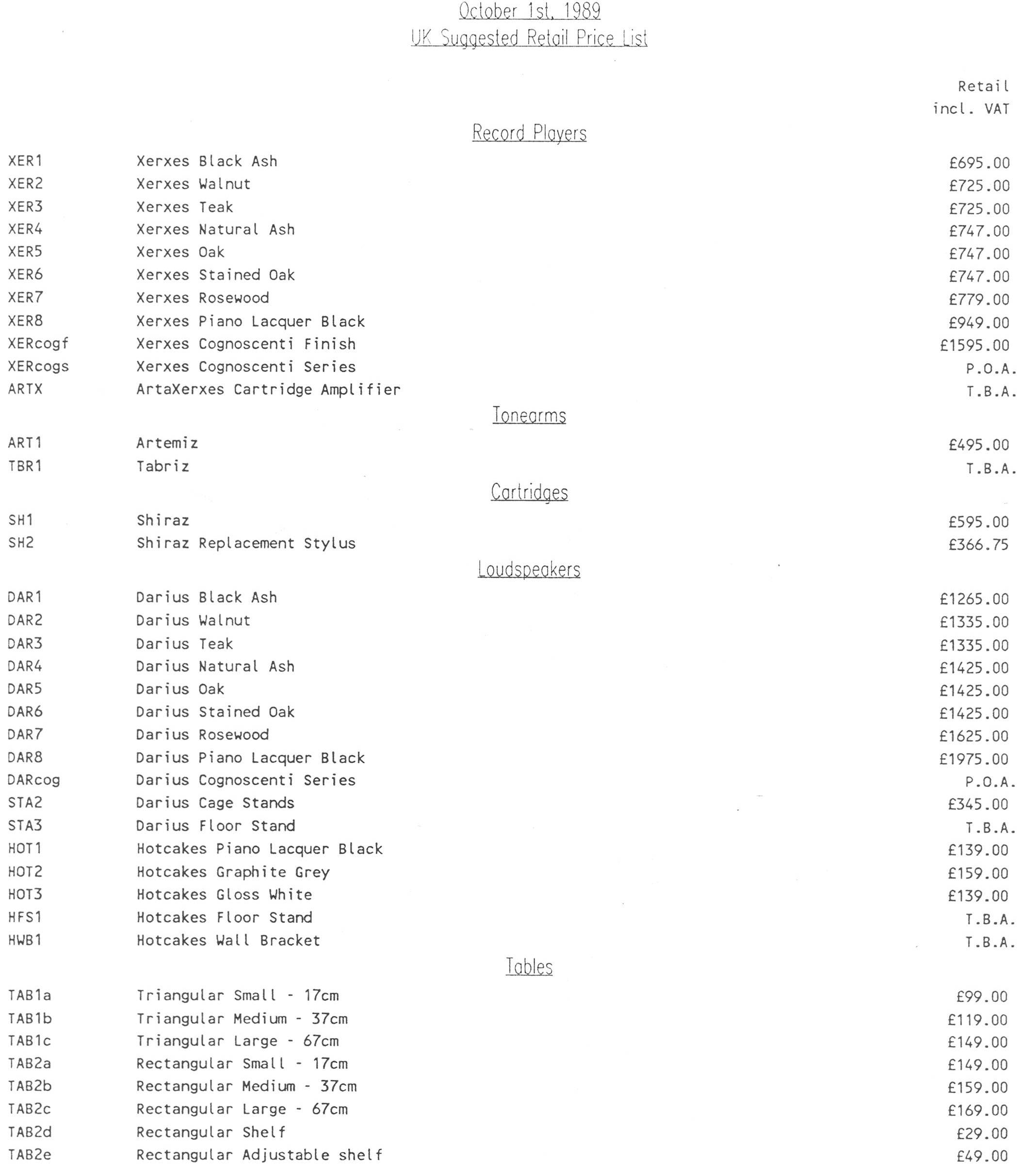 1989 Price List