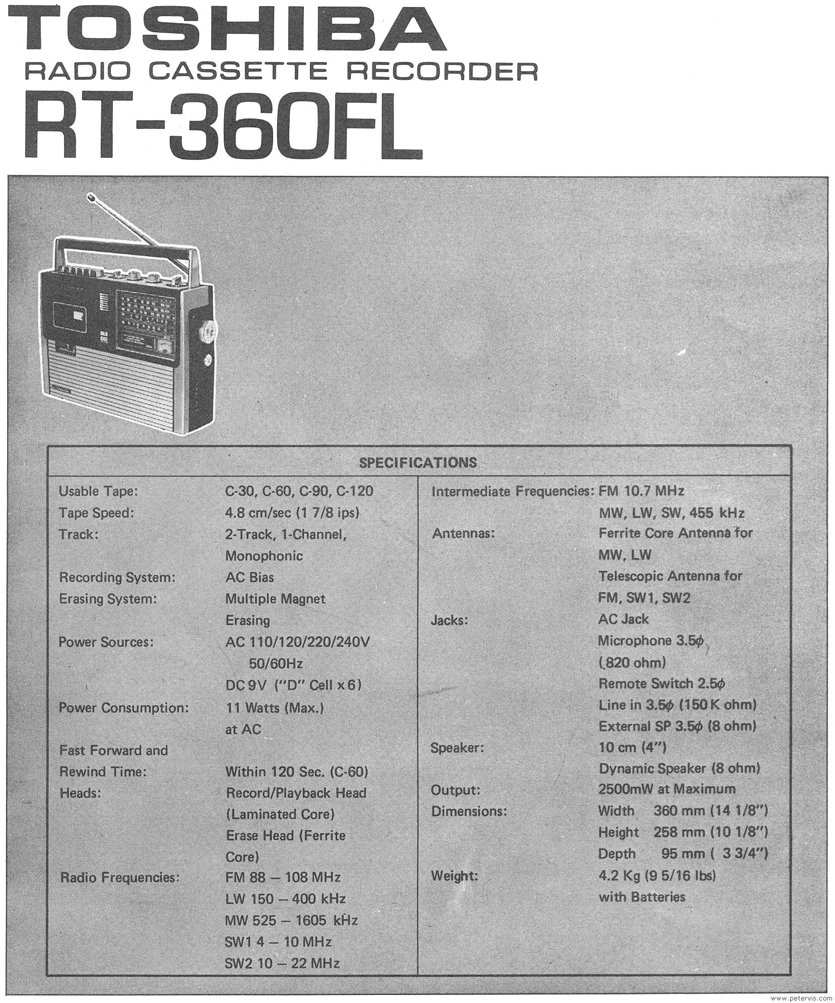 Toshiba RT-360FL Specification
