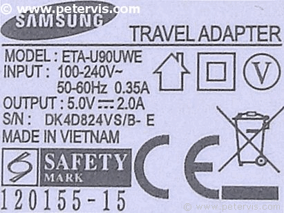 Voltage and current rating of the adapter.